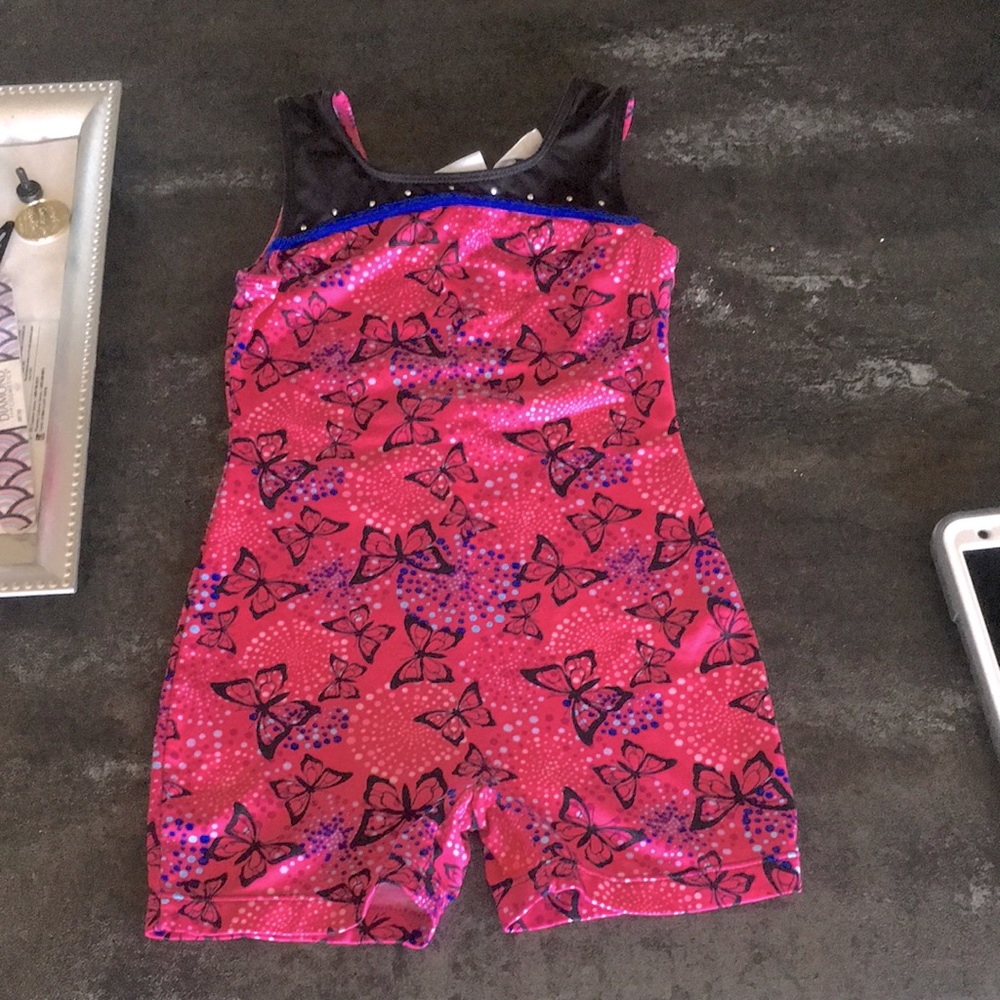 Danskin leotard, girls size small, pink, black, and blue